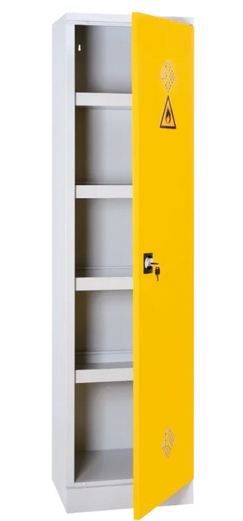 Gefahrstoffschränke Schrank mit gelber Tür und Warnsymbol, vier offene Regale.