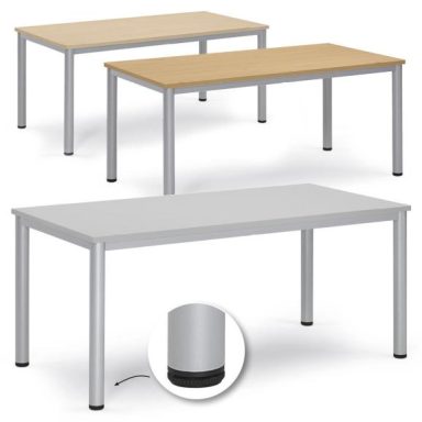 Tische Drei Tische in verschiedenen Farben: Holz, Grau und Silber. Schlichte, robuste Designs.